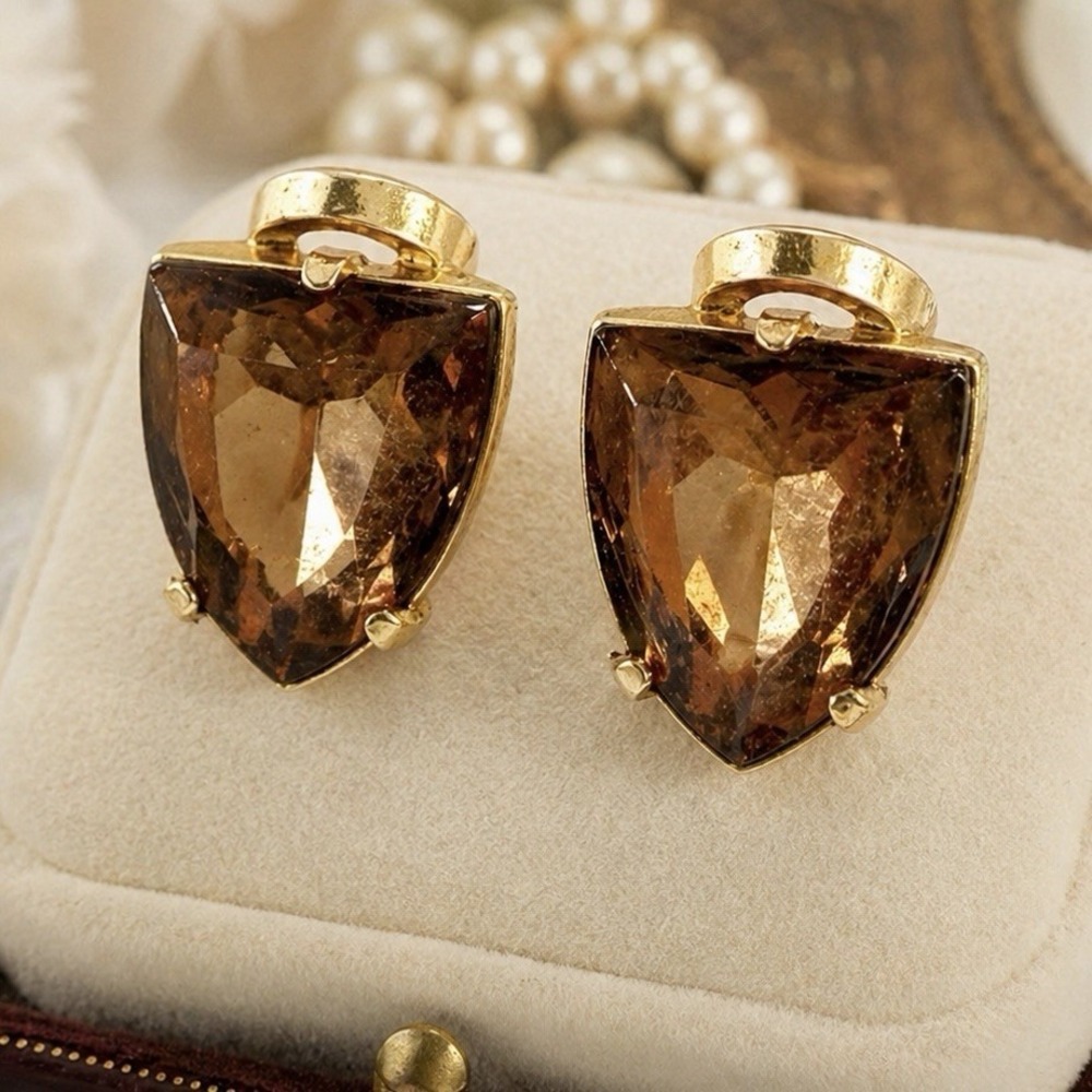 VTG MCM Schiaparelli Amber Topaz Glass Earrings Clip On Gold Tone Shield Signed